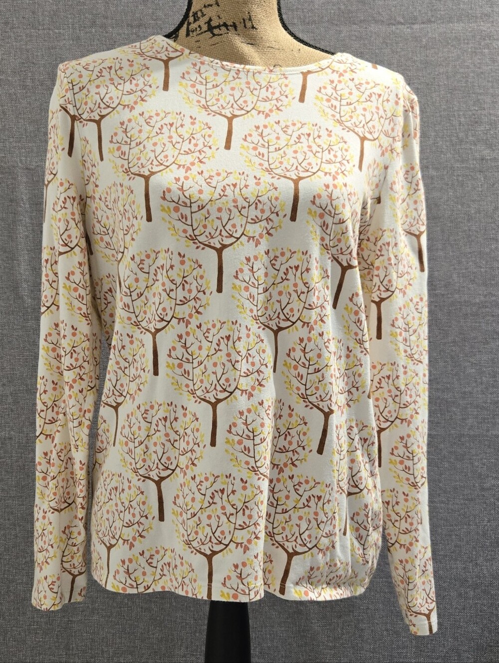 Talbots Cream Long-Sleeve Top with Brown Tree Print and Multicolor Leaves